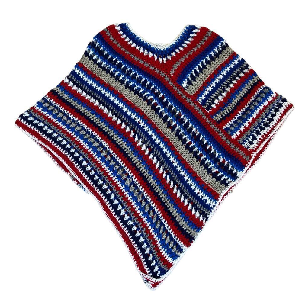 Handmade Boho Chunky Open Knit Crochet Poncho Patriotic Colors Textured OS - Picture 10 of 16